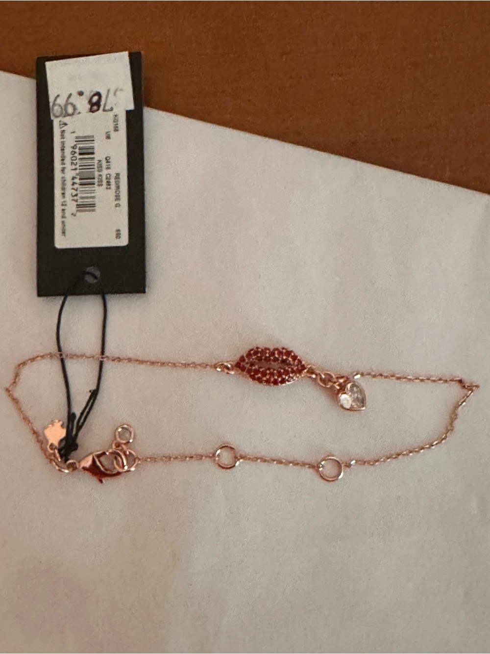 NWT | Kate Spade| Rose Gold Bracelet with Red Lip and Clear Heart Charm